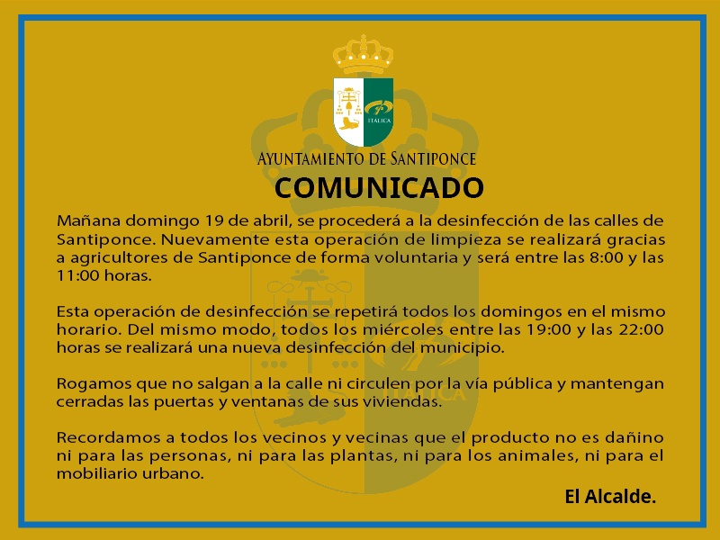 Comunicado desinfeccion domingos 19042020